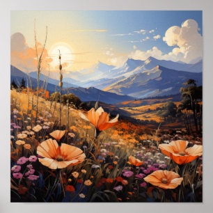 Póster Campo de flores silvestres Golden Horizon y montañ