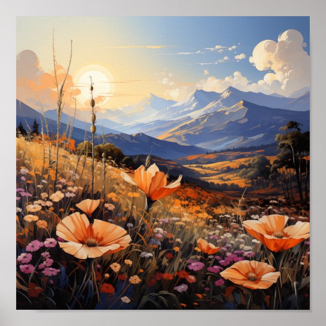 Póster Campo de flores silvestres Golden Horizon y montañ (Frente)