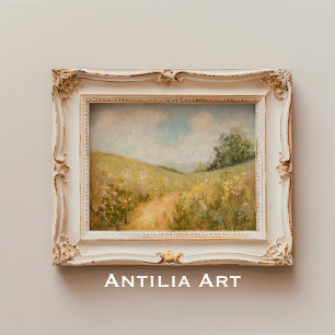 Póster Campo de flores silvestres pintado de paisajes de