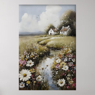 Póster Campo de Flores Silvestres Pintura Vintage Imprimi