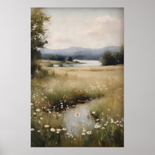 Póster Campo de flores silvestres primaverales pintura di