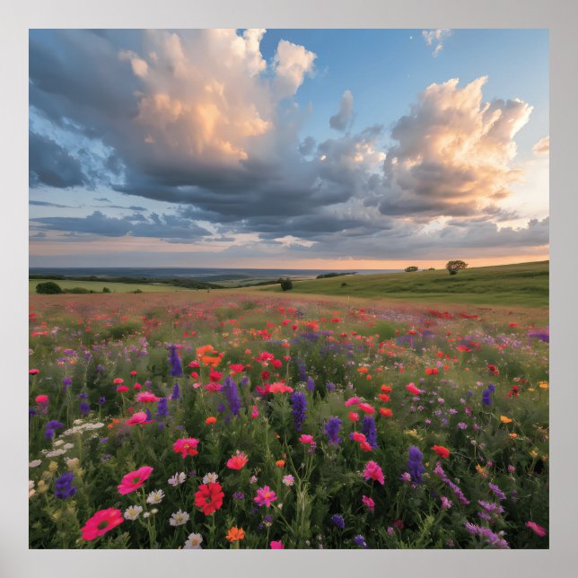 Póster Campo de flores silvestres vibrantes al atardecer  (Frente)