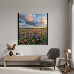 Póster Campo de flores silvestres vibrantes al atardecer