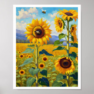 Póster Campo de girasol con abejas ocupadas Art 8x10