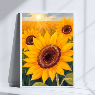 Póster Campo de Girasoles   Acuarela Floral Amarilla Pint