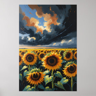 Póster Campo de Girasoles Bajo el Cielo Dramático Paisaje