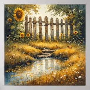 Póster Campo de Girasoles con Cerca Rústica