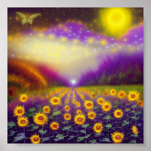 Póster Campo de girasoles de fantasía salvaje