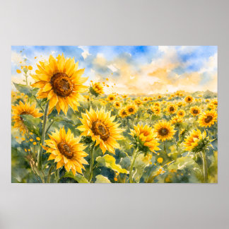 Póster Campo de Girasoles – Girasol a la acuarela