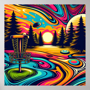 Póster Campo de golf de disco psicodélico al atardecer