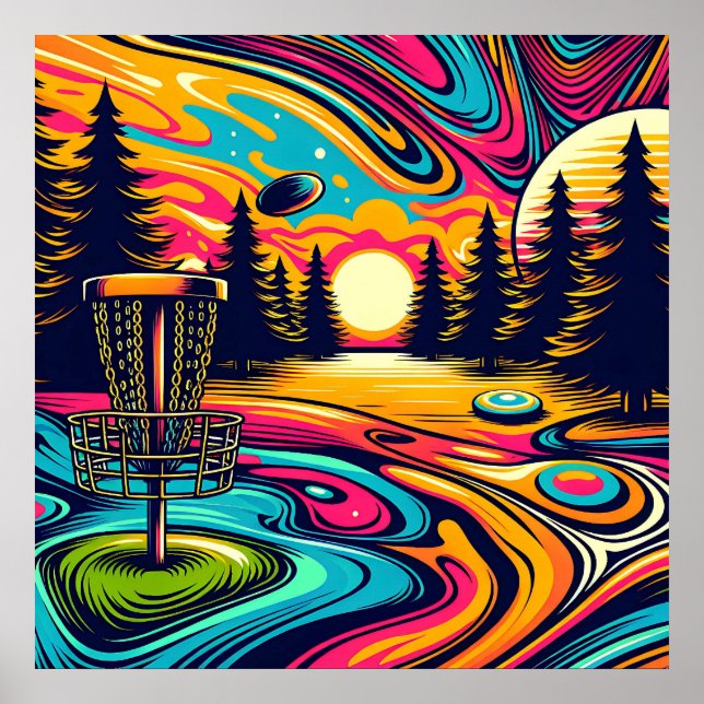 Póster Campo de golf de disco psicodélico al atardecer (Frente)