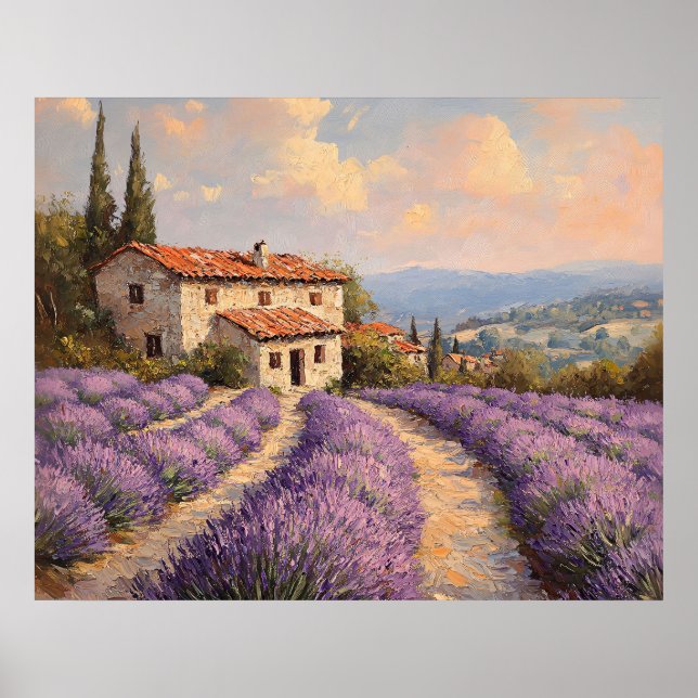 Póster Campo de lavanda toscano con cabaña de piedra (Frente)