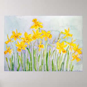 Póster campo de narcisos amarillos pintados a mano acuare