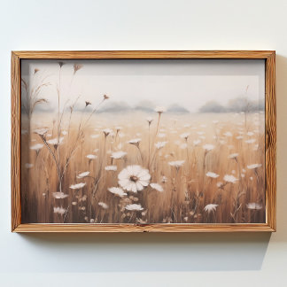 Póster campo de pintura al óleo de flores con un cielo nu