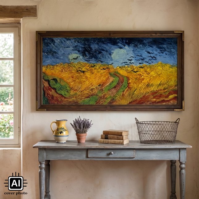 Póster Campo de trigo con cuervos de Vincent van Gogh (Wheat Field with Crows by Vincent van Gogh is a vintage fine art post impressionism painting.)