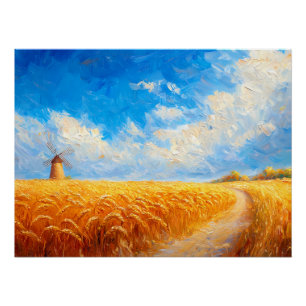 Póster Campo de trigo con molino de viento distante