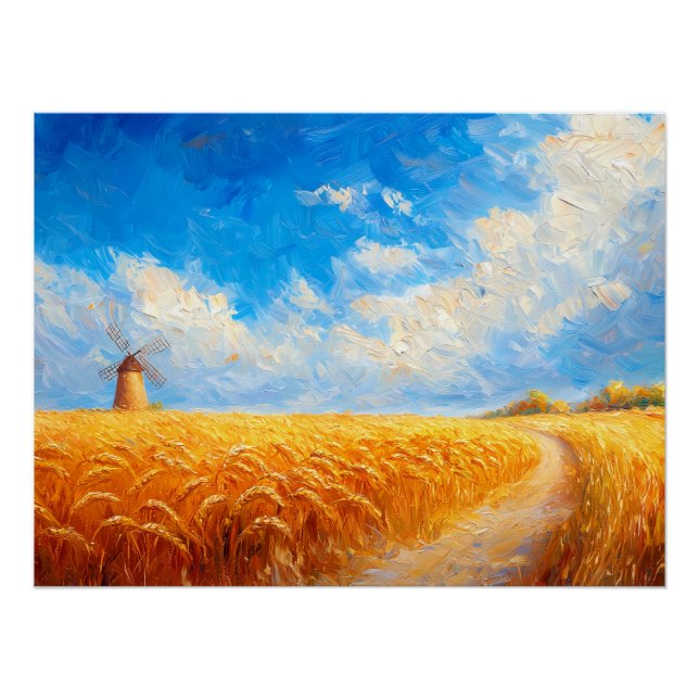 Póster Campo de trigo con molino de viento distante (Anverso)