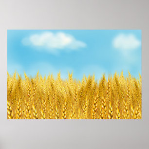 Póster Campo de trigo dorado cielo azul Pintura al óleo V