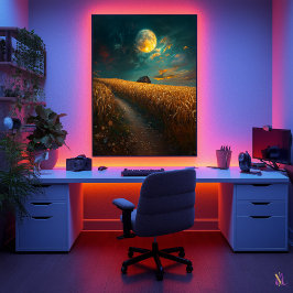 Póster Campo de trigo iluminado por luna - Paisaje noctur