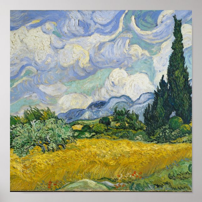 Póster Campo de trigo Vincent Van Gogh con cipreses (Frente)