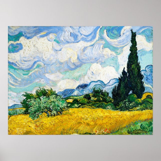 Póster Campo de trigo Vincent Van Gogh con cipreses (Frente)
