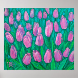Póster Campo de tulipanes rosados, pintura con flores de