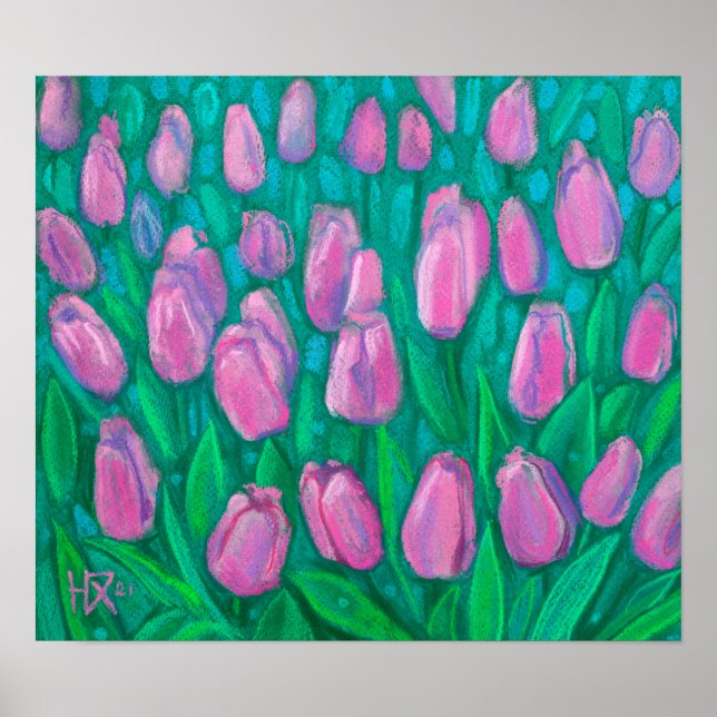 Póster Campo de tulipanes rosados, pintura con flores de  (Frente)