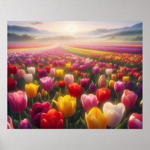 Póster Campo de Tulipanes Vibrantes en Floración Completa
