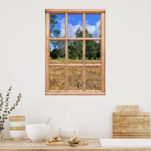 Póster Campo de vista de cebada desde una ventana