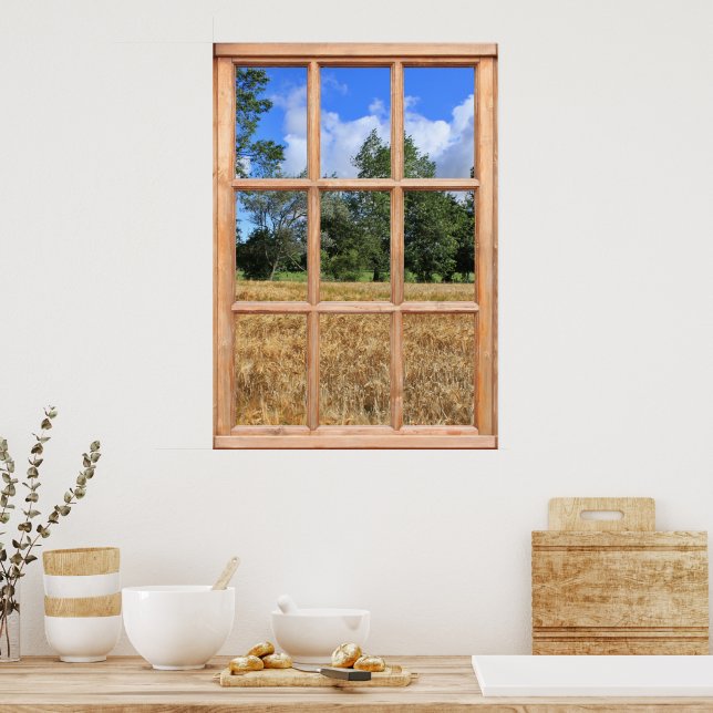 Póster Campo de vista de cebada desde una ventana (Cocina)