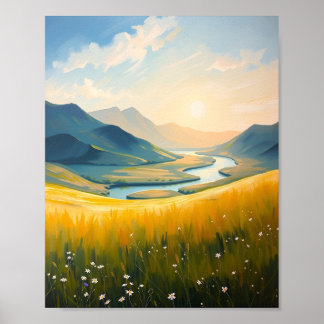 Póster Campo dorado y río al atardecer