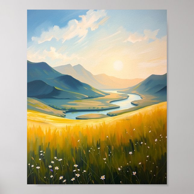 Póster Campo dorado y río al atardecer (Frente)