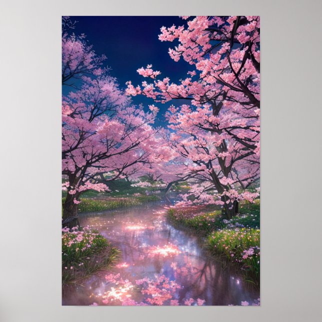 Póster Campo encantador de flores de cerezo (Frente)