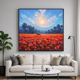 Póster Campo Red Poppies - Estilo de paisaje impresionist