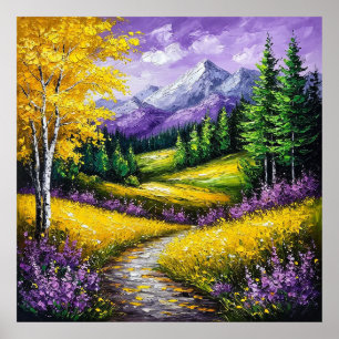 Póster Campos amarillos, flores, montañas con nieve