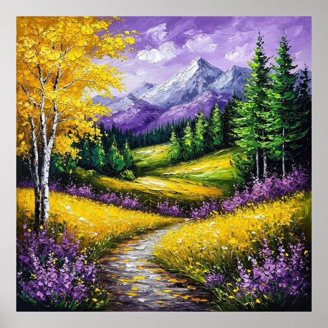 Póster Campos amarillos, flores, montañas con nieve (Frente)