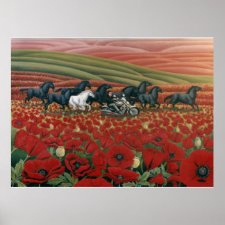 Póster Campos de adormidera Pintando Caballos Salvajes co