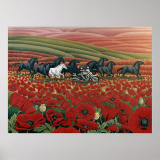 Póster Campos de adormidera pintando caballos salvajes y 