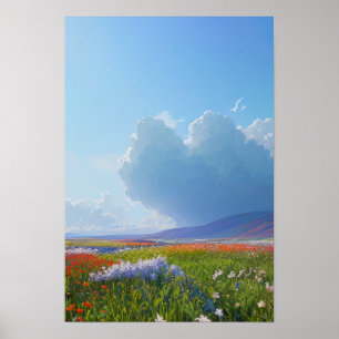 Póster Campos de flores y nubes místicas