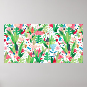 Póster Campos de flores y plantas con pequeñas casas, bu
