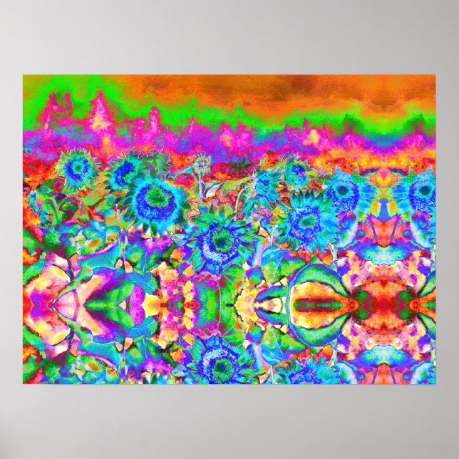 Póster Campos de girasoles azules para siempre, flores ab (Frente)