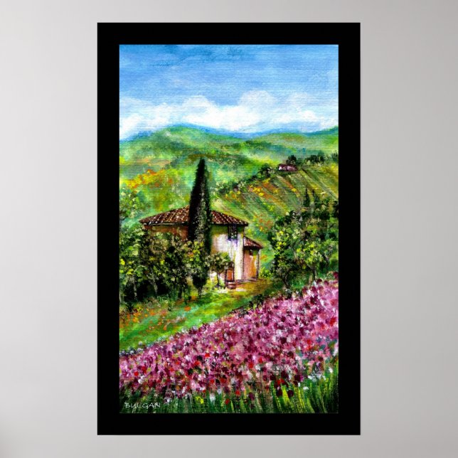 PÓSTER CAMPOS DE IRIS EN PAISAJE VERDE DE LA TOSCANA (Frente)