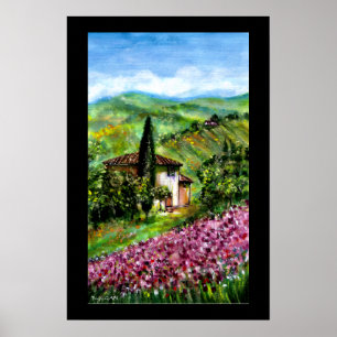 PÓSTER CAMPOS DE IRIS PURPURA EN PAISAJE VERDE DE TOSCANA
