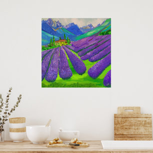 Póster Campos de lavanda frente a las montañas