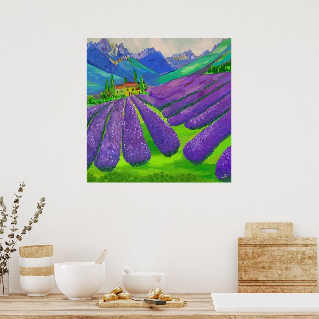 Póster Campos de lavanda frente a montañas (Cocina)