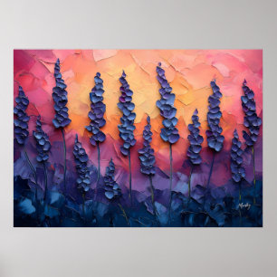 Póster Campos de lavanda vibrantes en un cielo de puesta