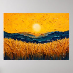 Póster Campos de Trigo Dorados al Atardecer, Pintura al Ó
