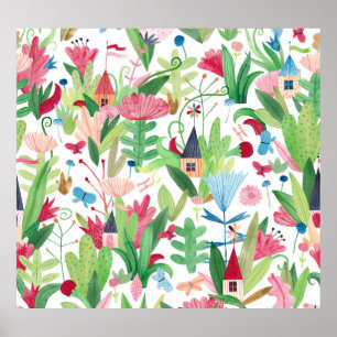 Póster Campos Florales: Patrón de casas acuarelas