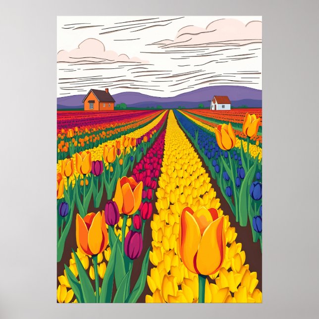 Póster Campos holandeses de tulipanes en flor (Frente)