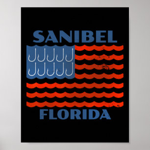 Póster Caña de Pescar Bandera Americana Vintage de Sanibe